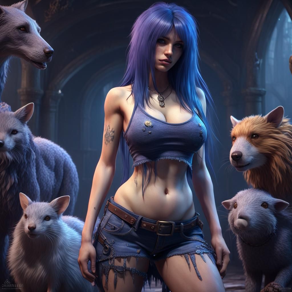 Blue-Haired Emo Girl with Animals, Dark Fantasy Art