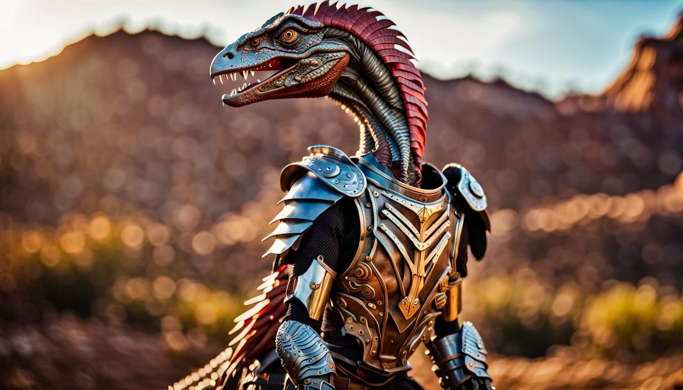 Velociraptor in ornate steel and leather armor