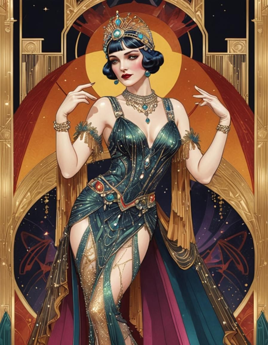 Art Deco Burlesque Woman in Pablo Amaringo Style