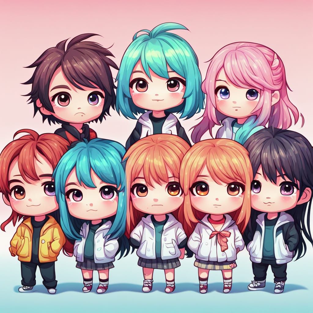 Colorful Chibi Characters in Anime Style, Digital Art