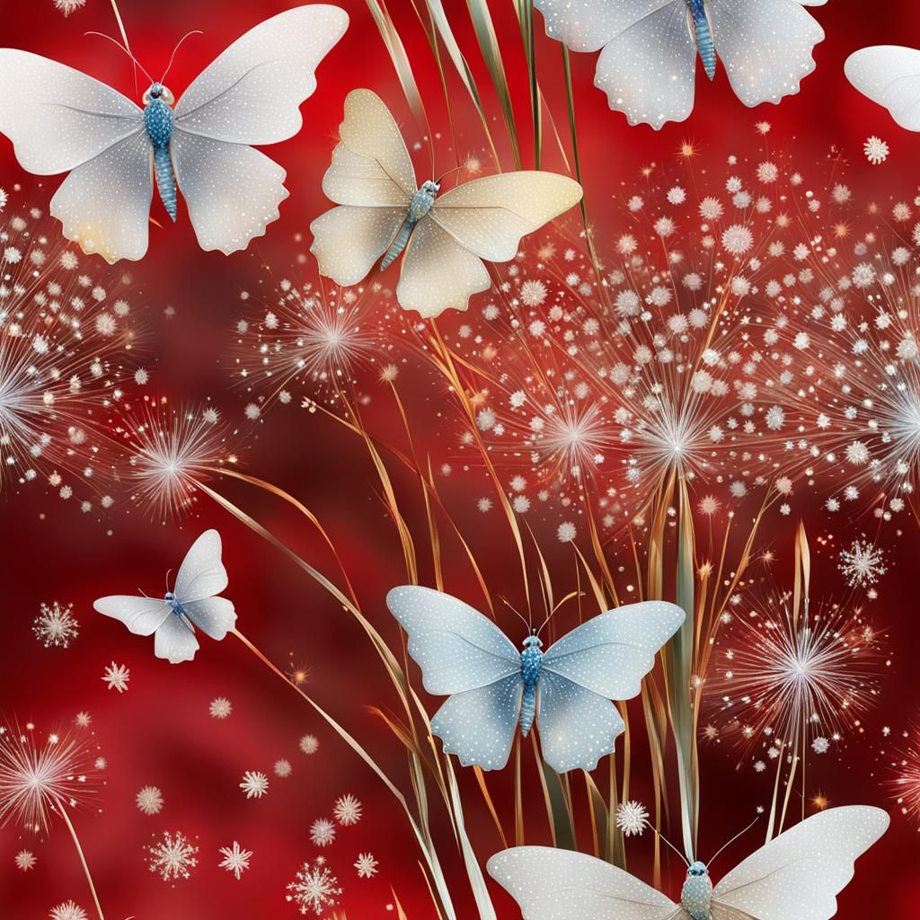 Iridescent Dandelion Scene with White Butterflies