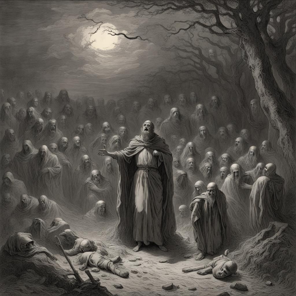 Horrific Ferryman Hunting Lost Souls in Engraving Style