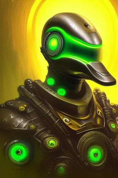 Robotic Mallard Duck Warrior in Neon Armor