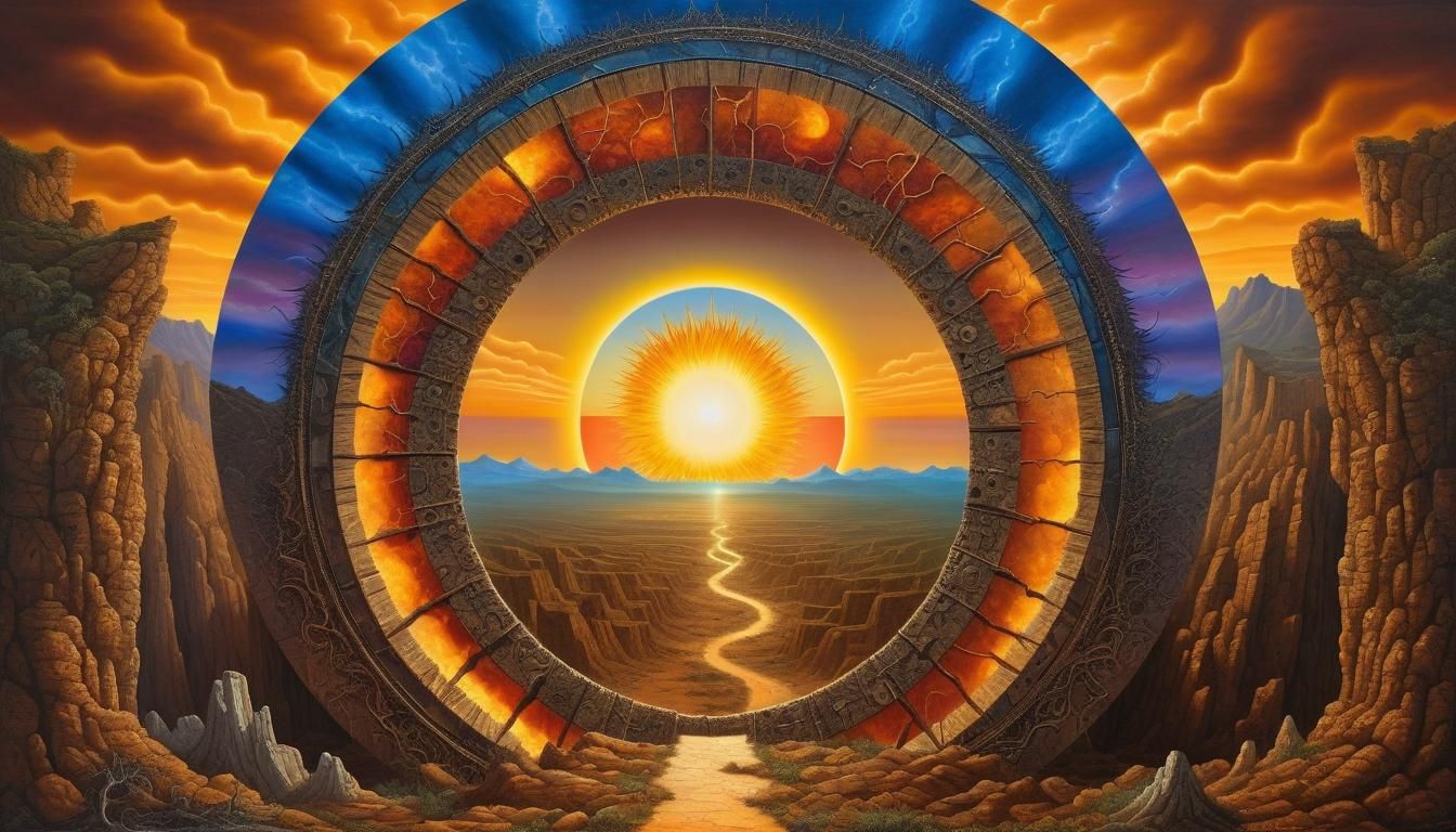 Surreal Landscape with Sun Portal in Mixed Media