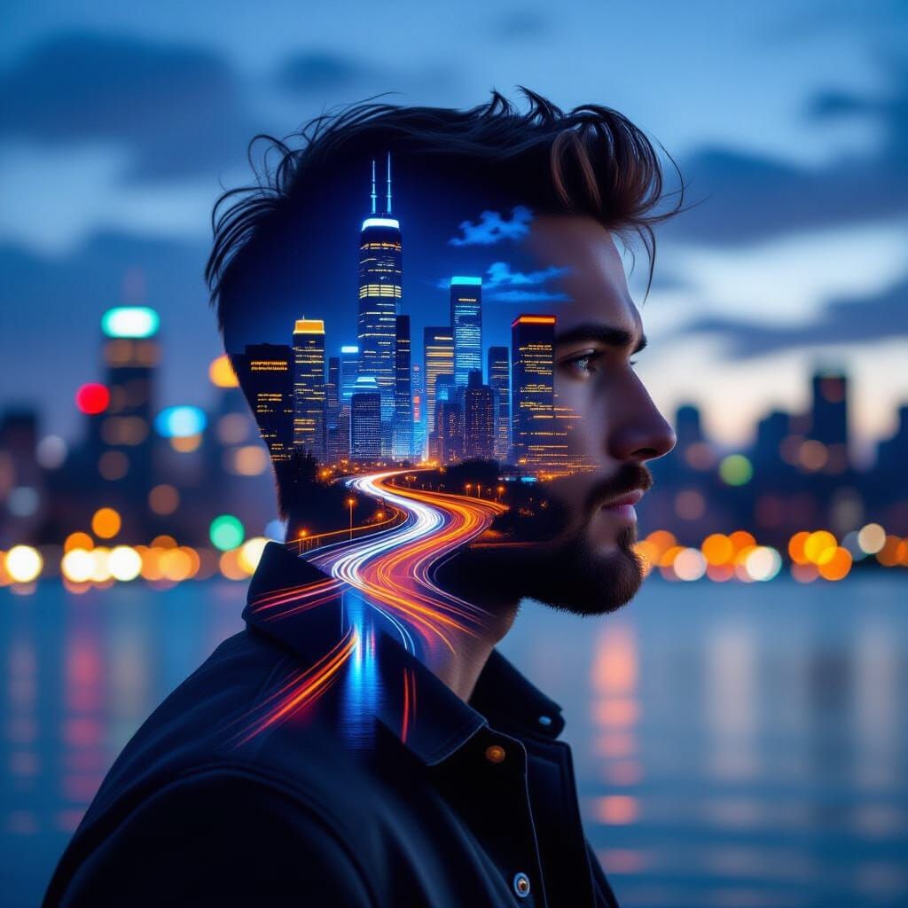Neon Cityscape Silhouette Portrait