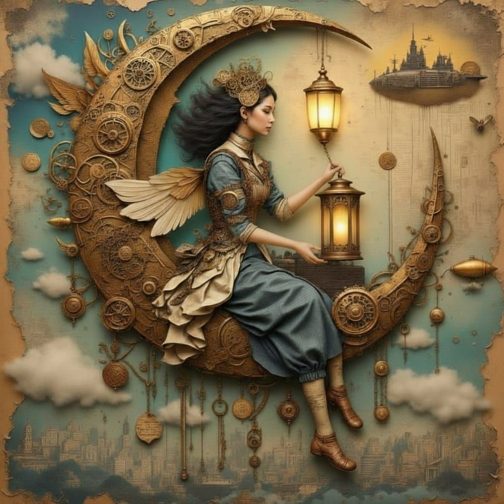 Steampunk Celestial Goddess on Moon Machine, Mixed Media Col...