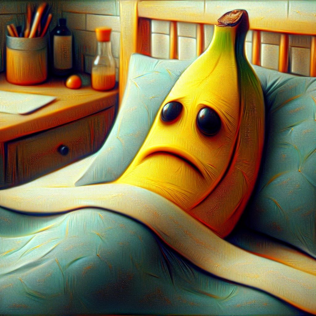 Melancholy Banana Cartoon in Bed as Oil Painting