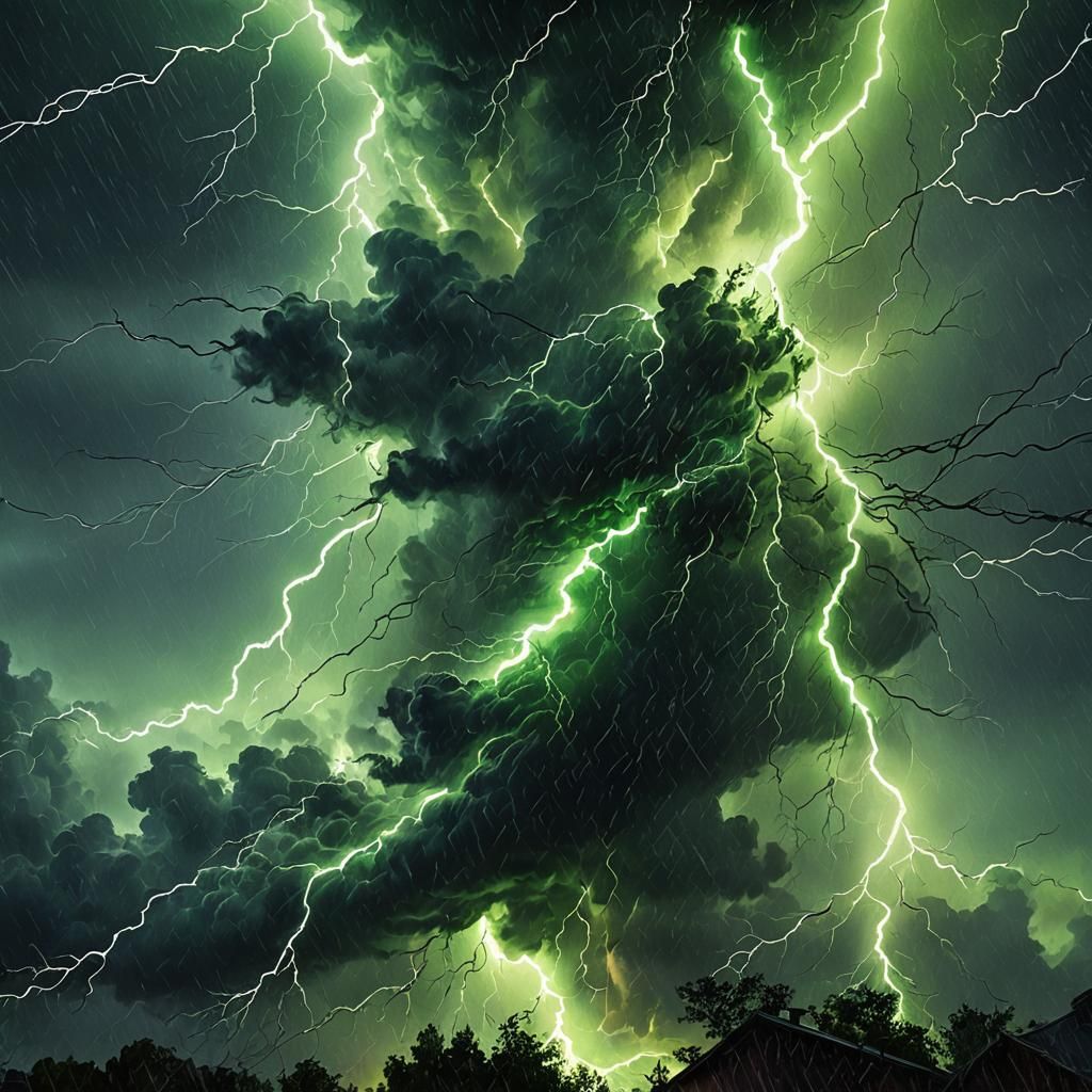 Green Lightning Rain in Dark Fantasy Art