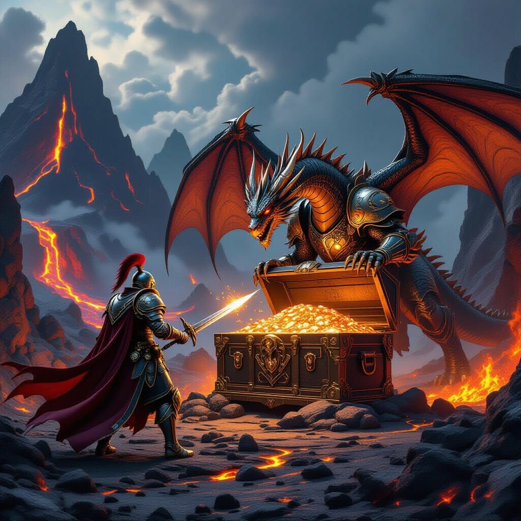 Steampunk Knight Battles Dragon for Treasure