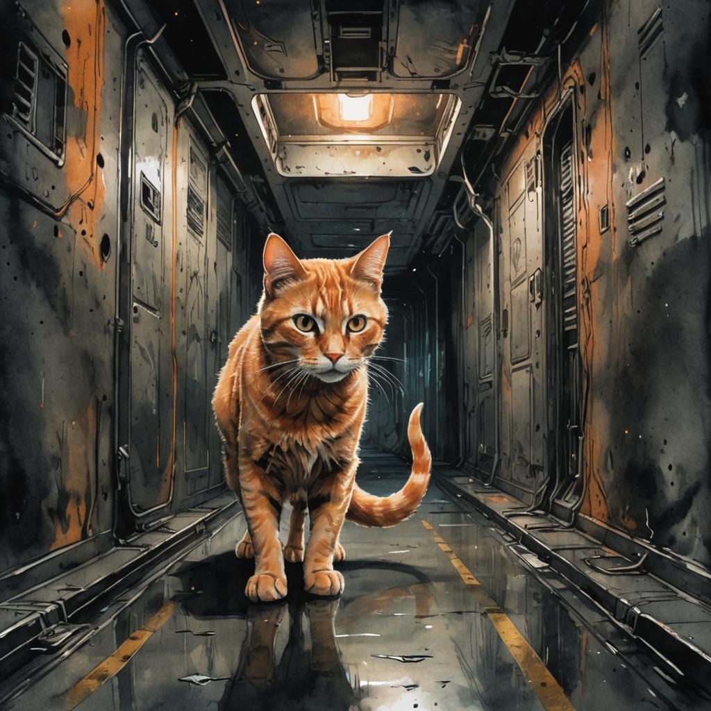 Tabby Cat in Abandoned Spaceship: Sci-Fi Horror Illustration