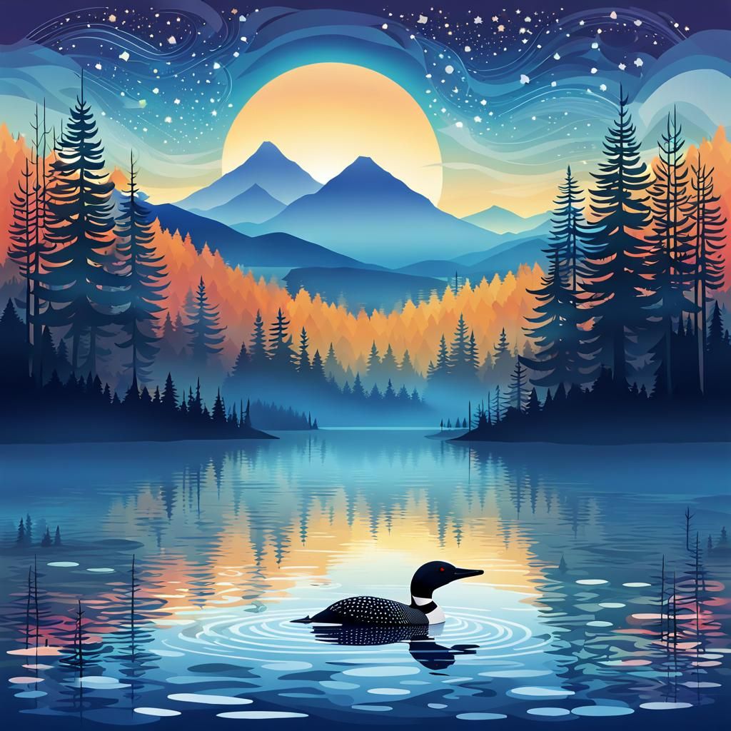 Loon in Misty Lake: Vector Illustration at Dusk