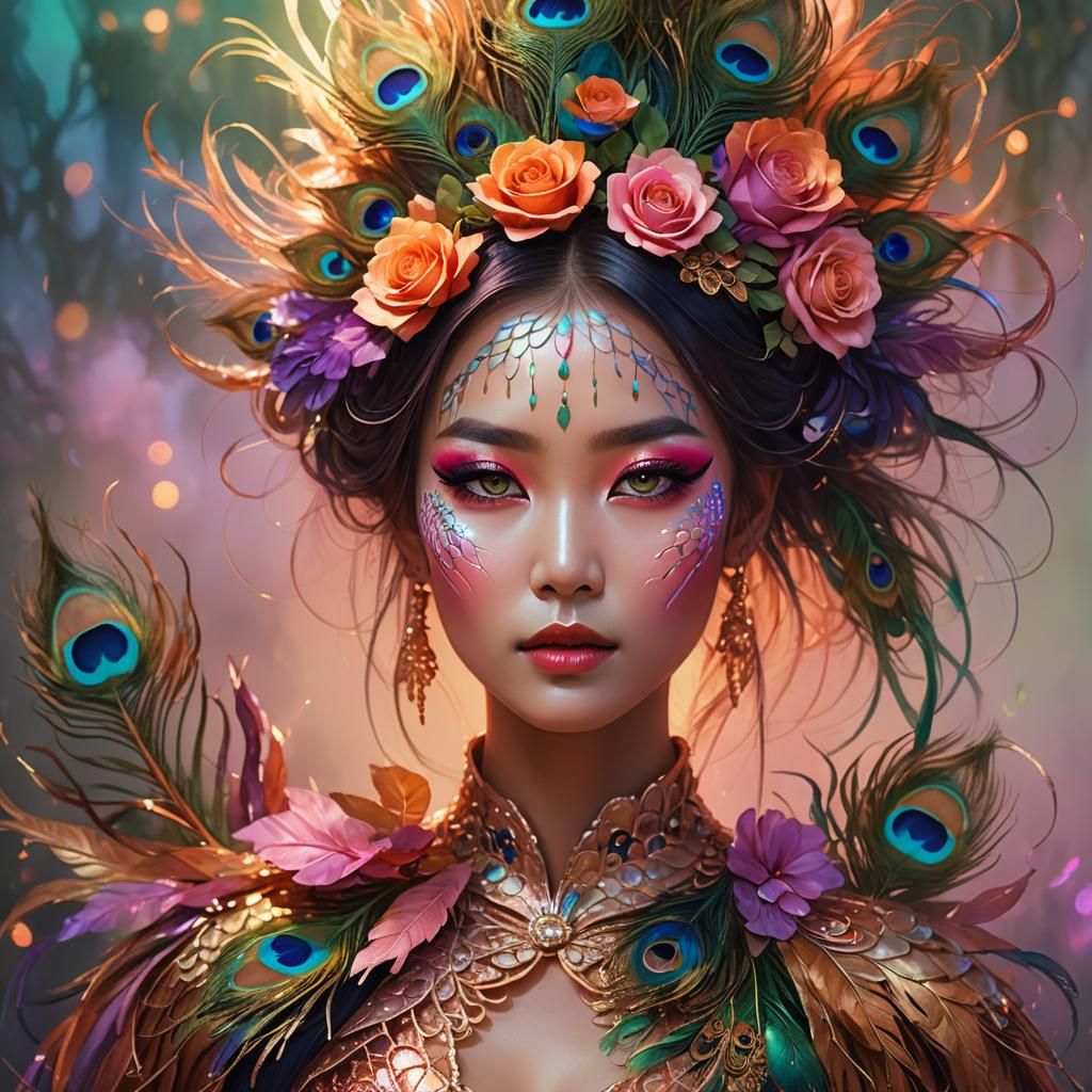 Asian Woman with Rainbow Skin and Peacock Feathers