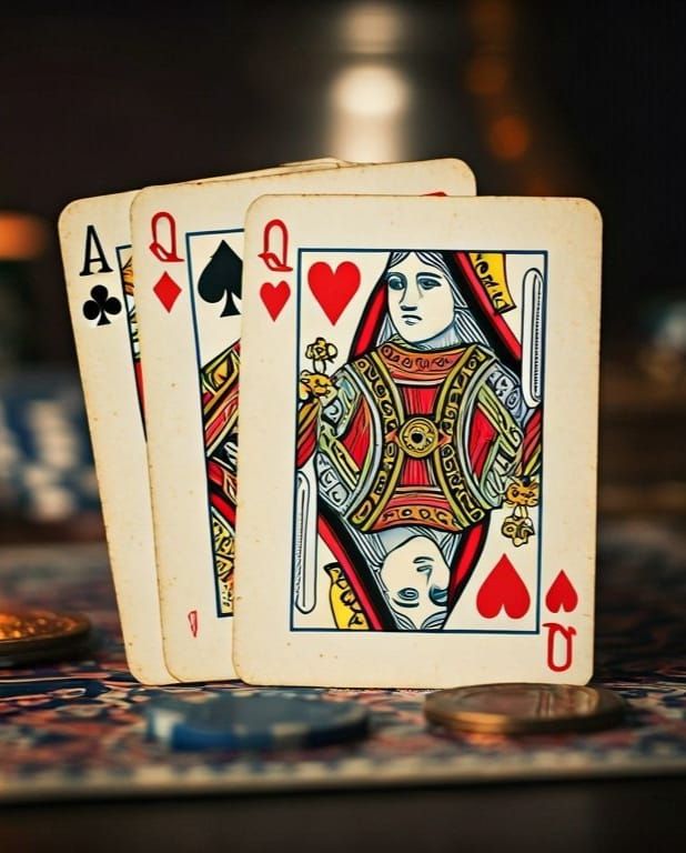 Antique Playing Cards and Poker Chips in Matte Painting Styl...