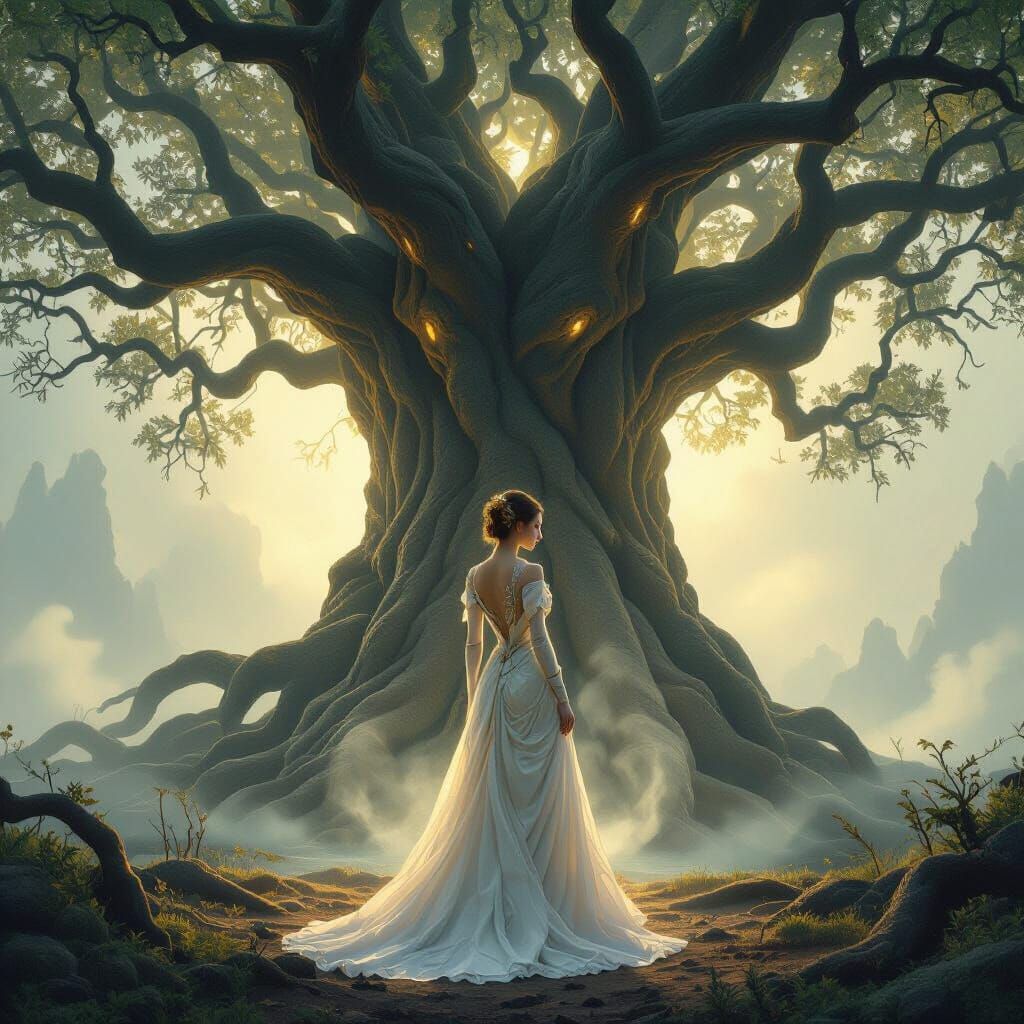 Mystical Woman Before Ancient Glowing Tree