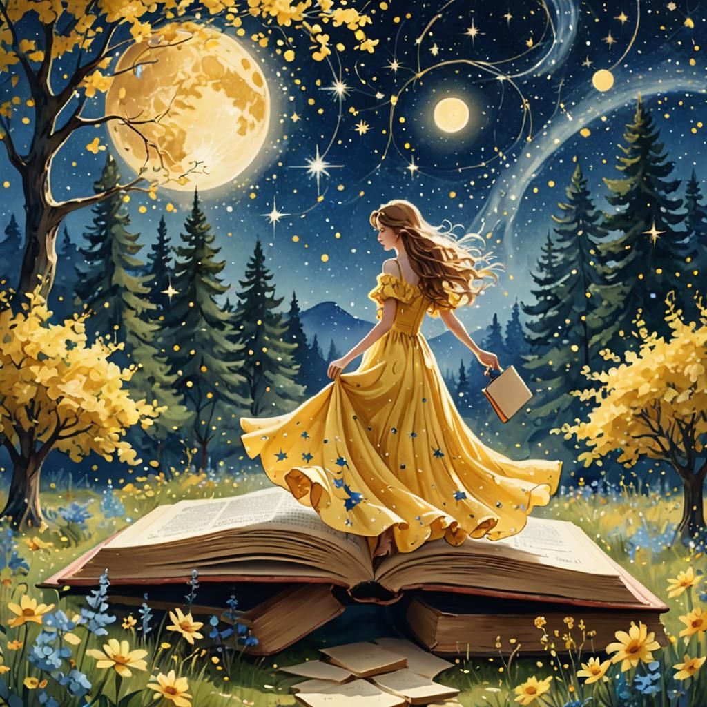 Dreamlike Woman Walking on Book