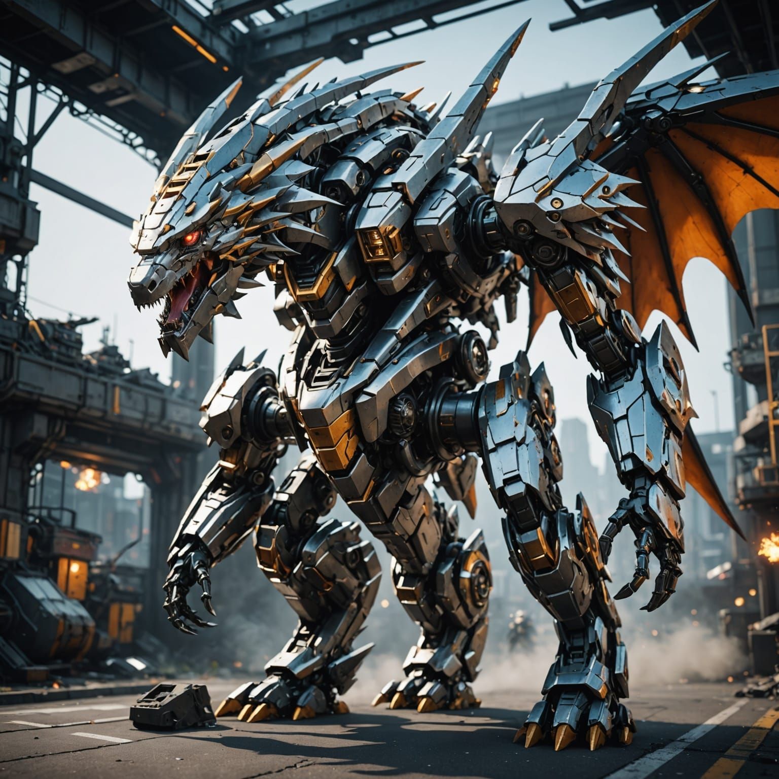 Epic Sci-Fi Mecha Dragon in Polished Metal Armor