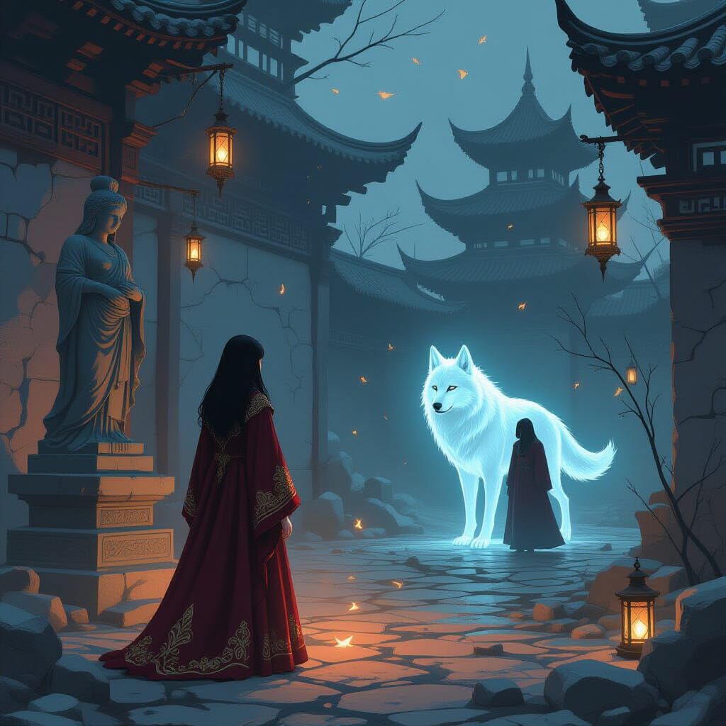 Ethereal Girl and Spectral Wolf in Crimson Robes