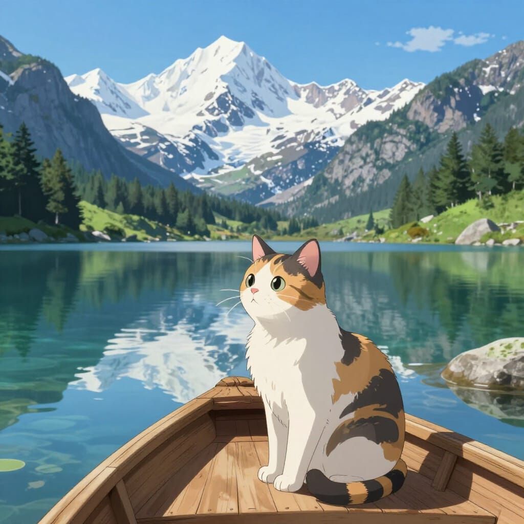 Calico Cat on Boat with Mountain Lake View