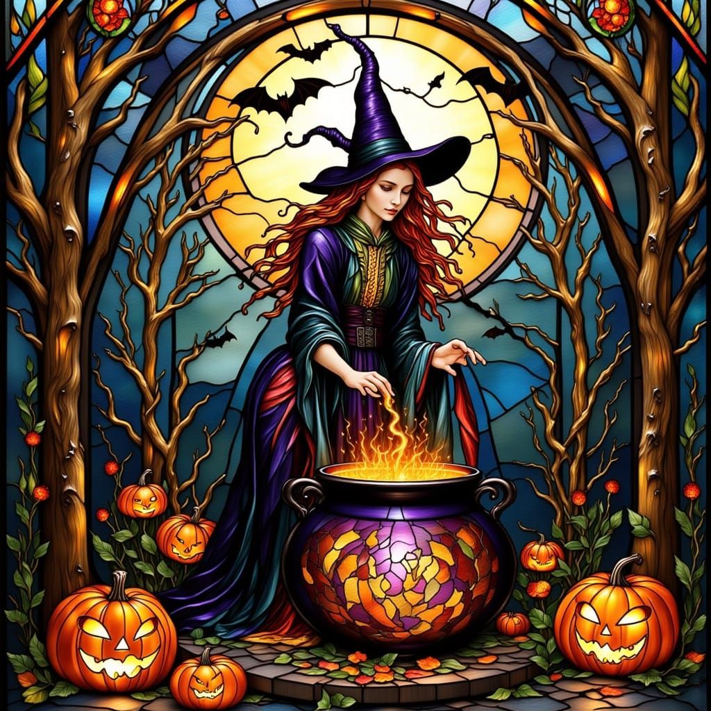 Halloween Witch in Stained Glass Style