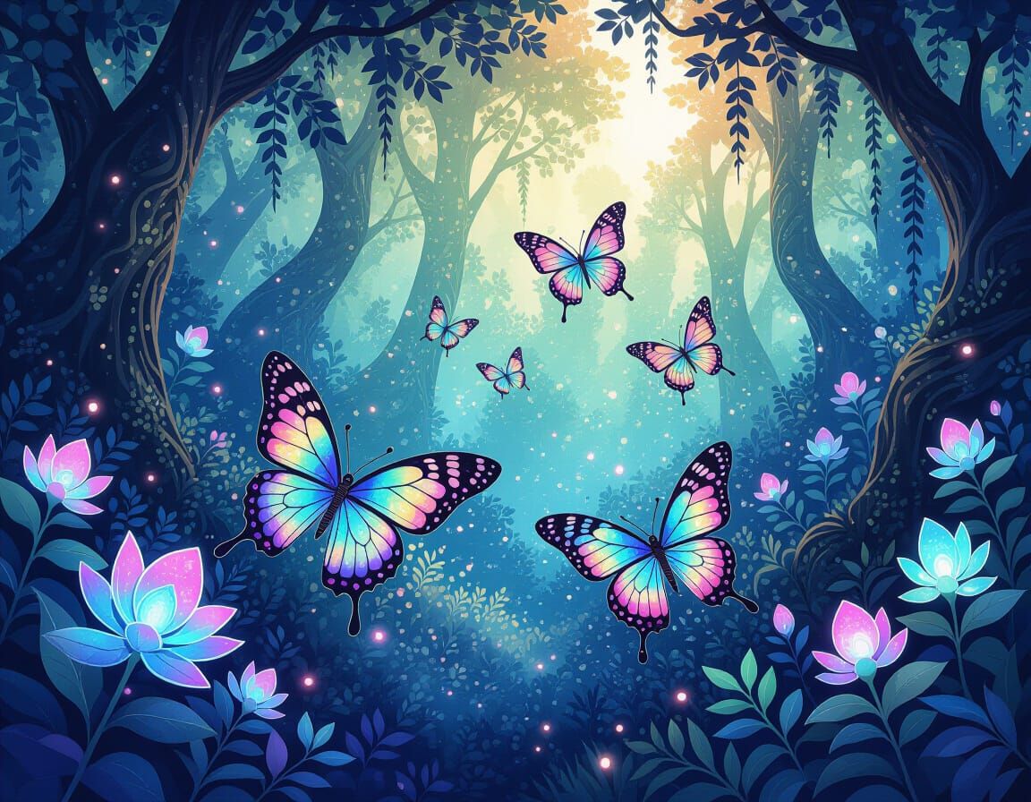 Psychedelic Butterflies in Mystical Forest, Watercolor Paint...