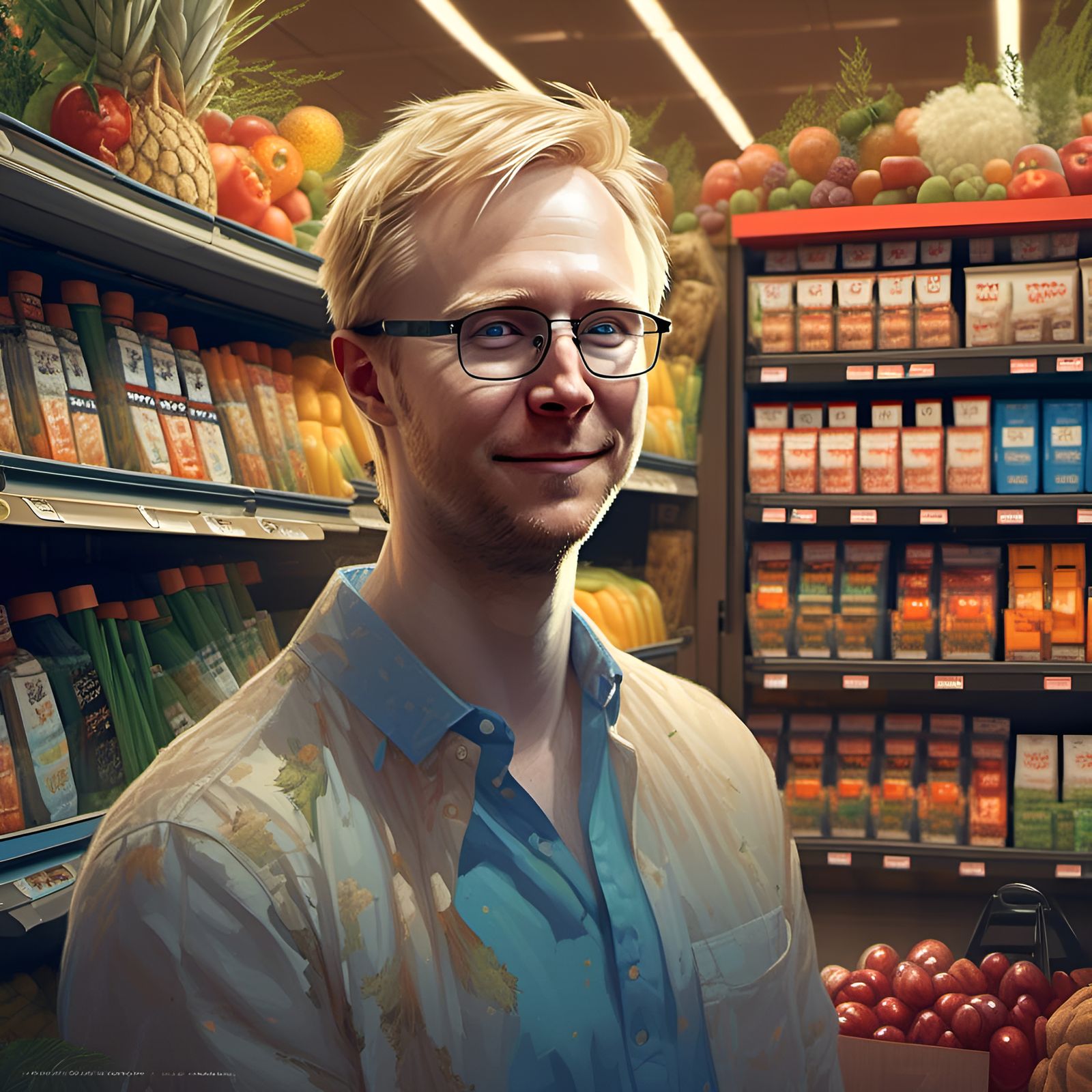 Handsome Man in Grocery Store: Digital Illustration
