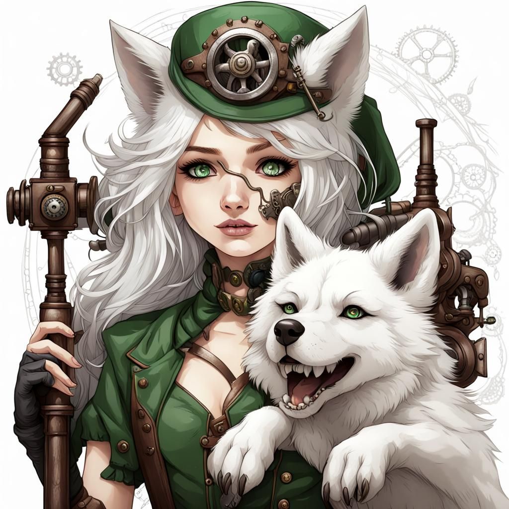 Girl with Wolf Ears Playing near Steampunk Engine