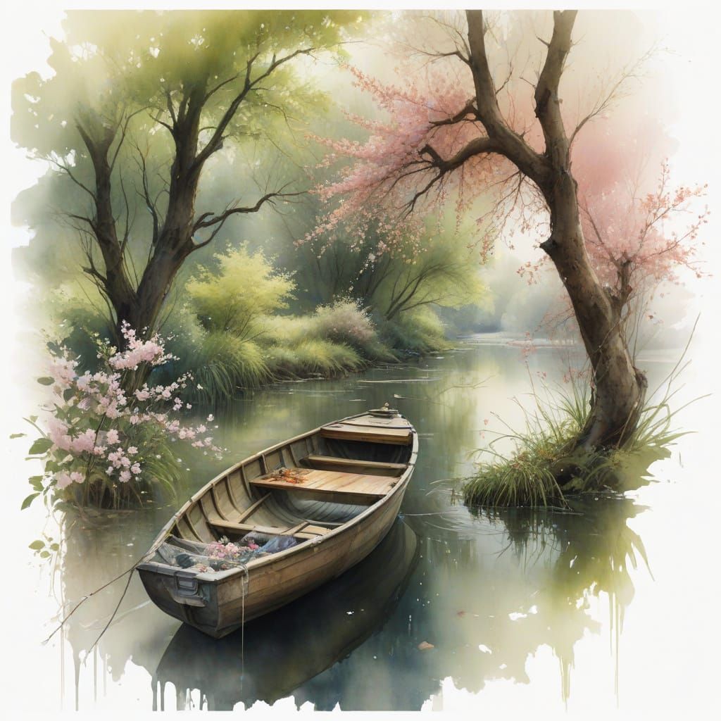 Spring Riverside Village with Fisherman and Cherry Blossoms