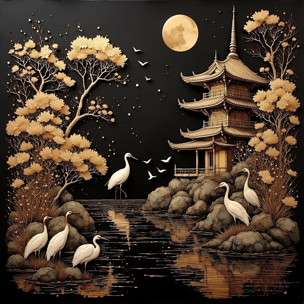Golden Japanese Pagodas and Cranes on Black