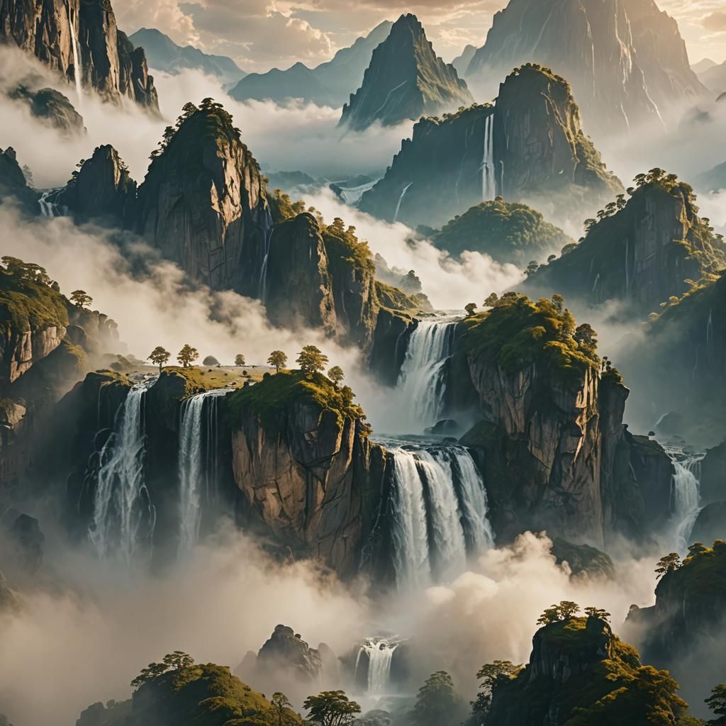 Majestic Floating Mountains with Waterfalls in Misty Sky