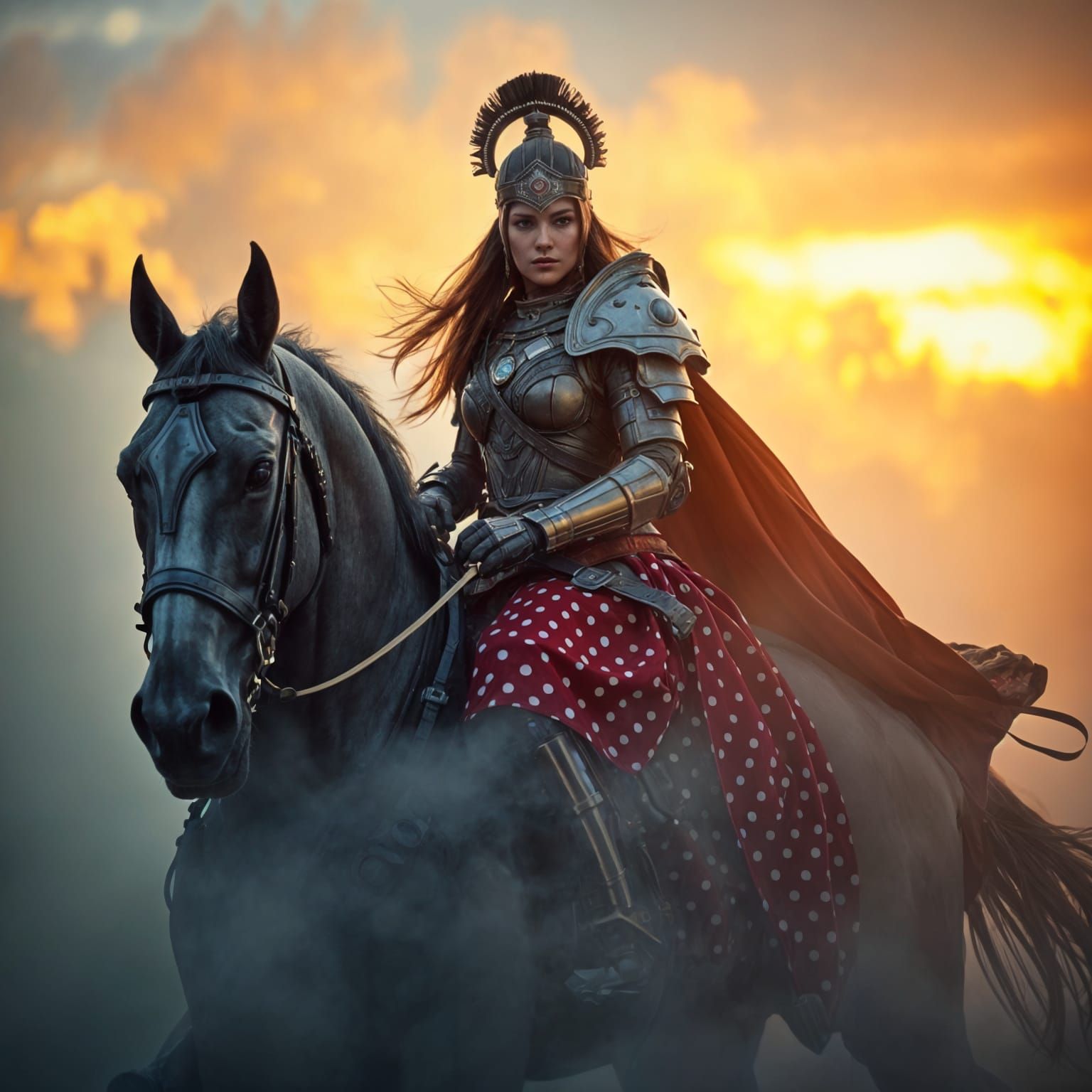 Armored Woman on Horse in Sci-Fi Landscape