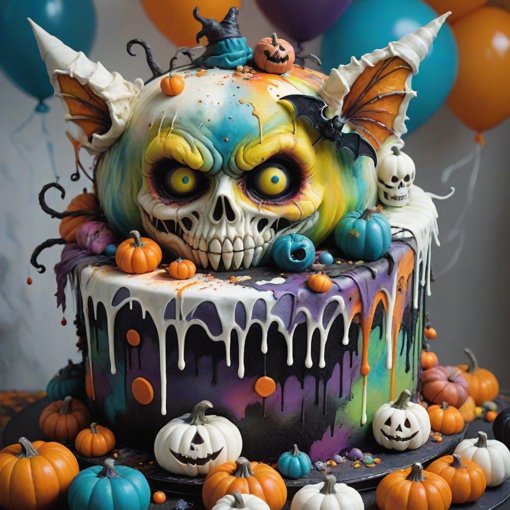 Vibrant Halloween Cake in Stephen Gammell Style