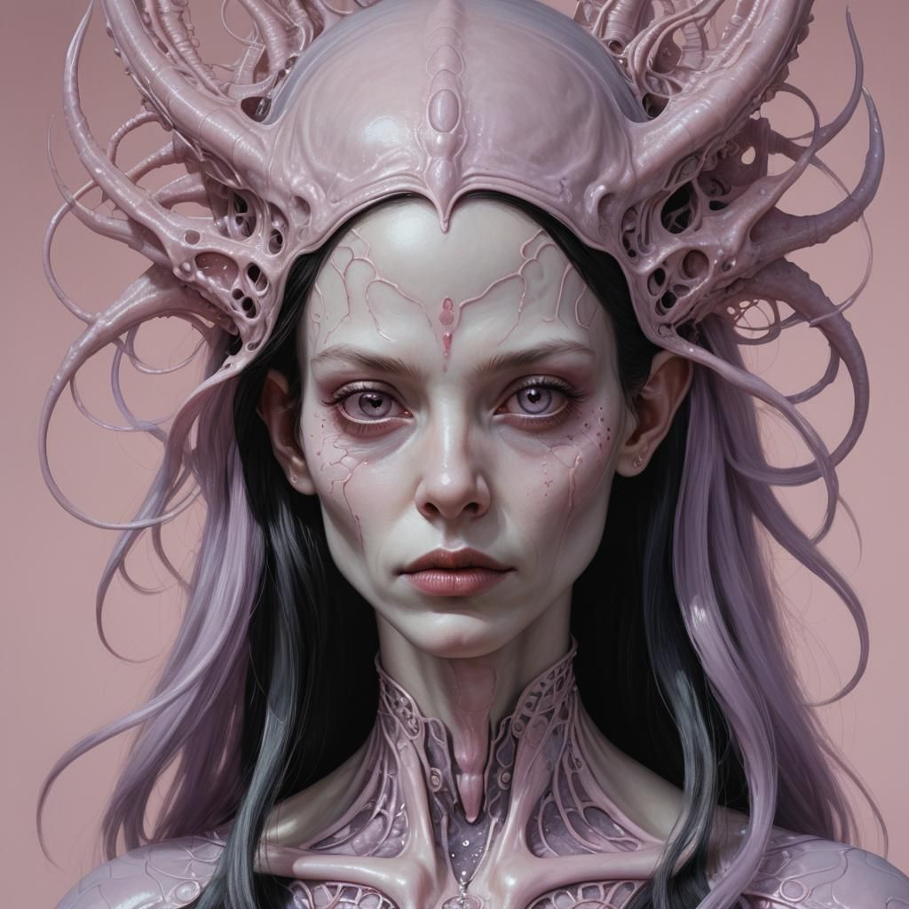 Hyperrealistic Portrait of an Alien Woman with Black Hair