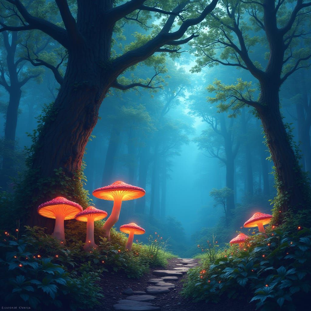 Mystical Forest with Glowing Trees, Fantasy Art