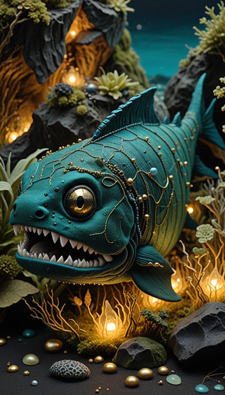 Felt and Beadwork Dunkleosteus Diorama in Mythical Realism