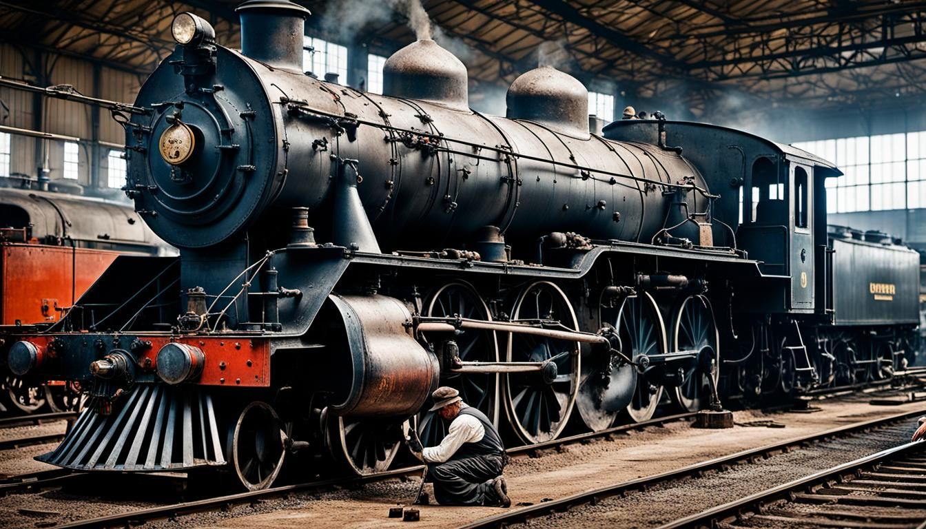 Steam Locomotive Repair Portrait in 1930s Style