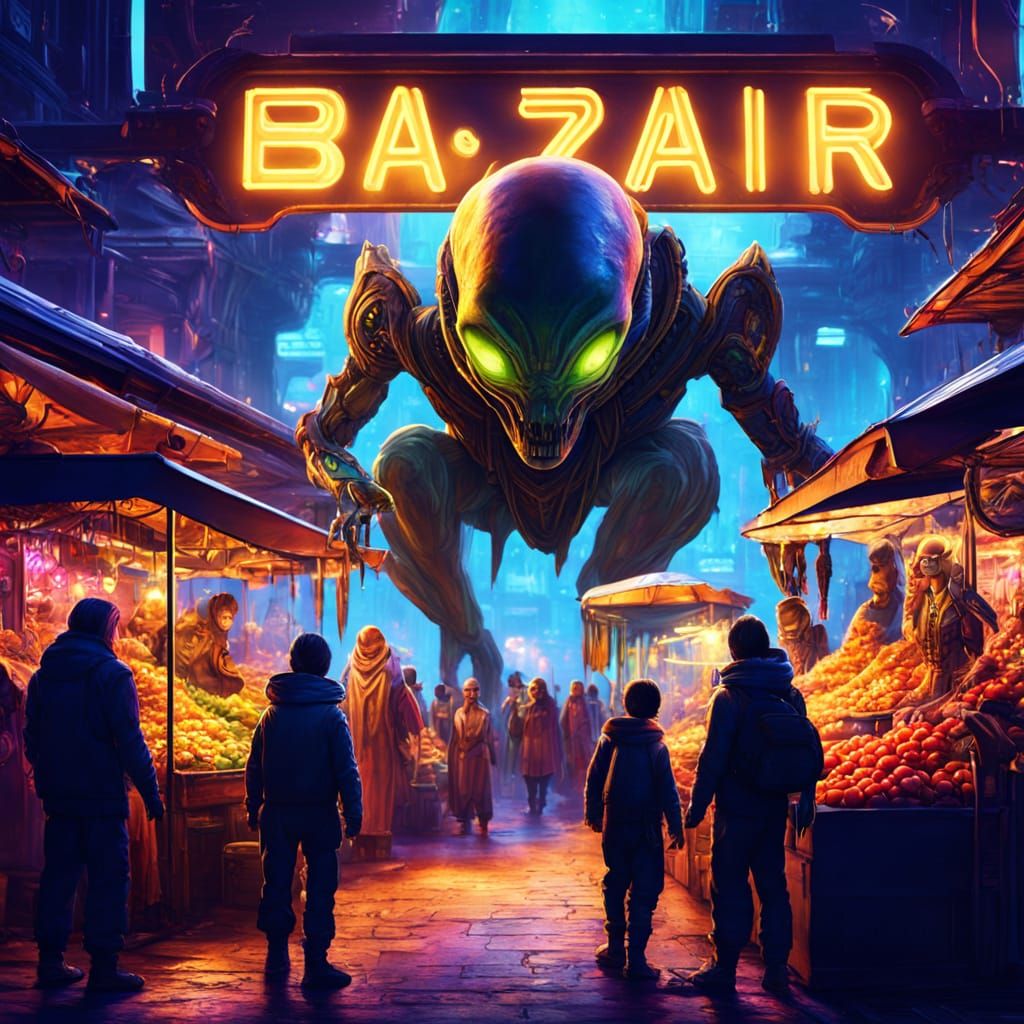Vibrant Sci-Fi Alien Market Illustration