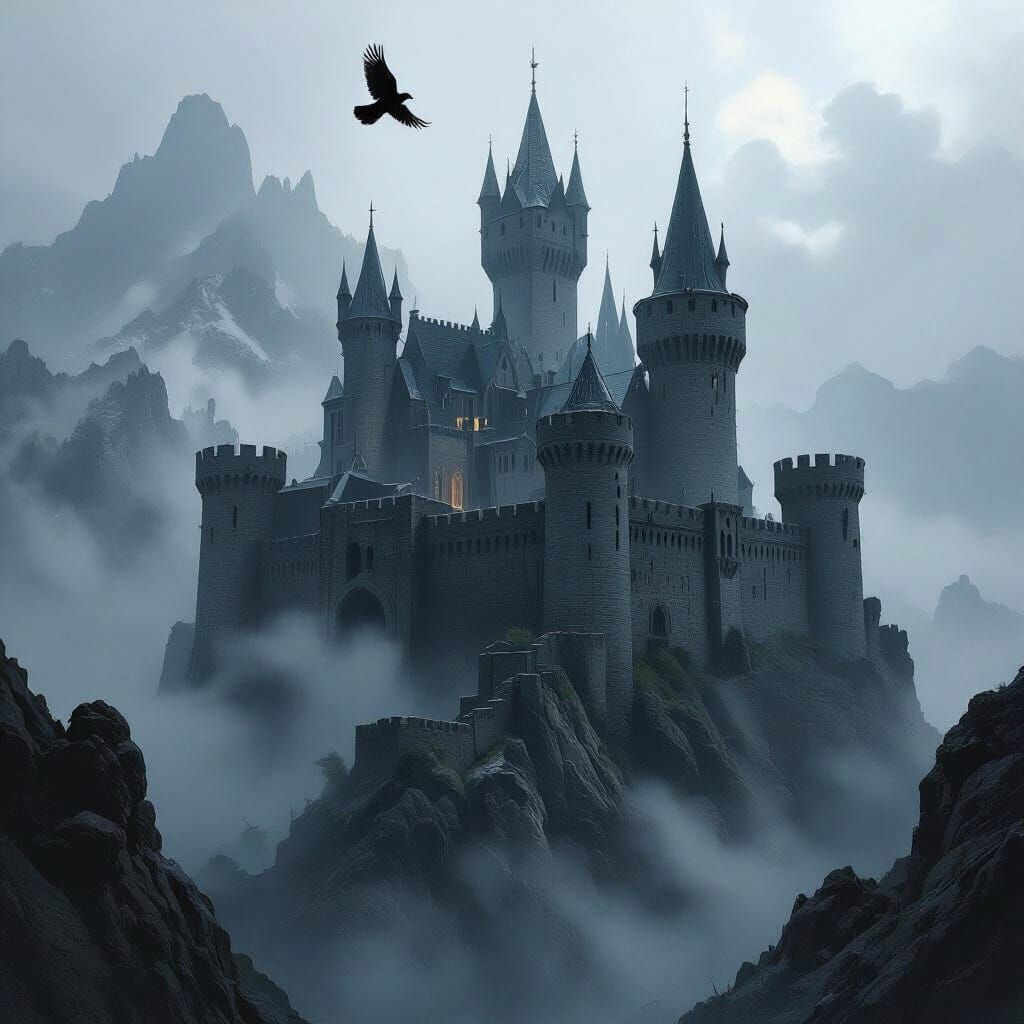 Ancient Castle on Mountain Peak in Dark Fantasy Style