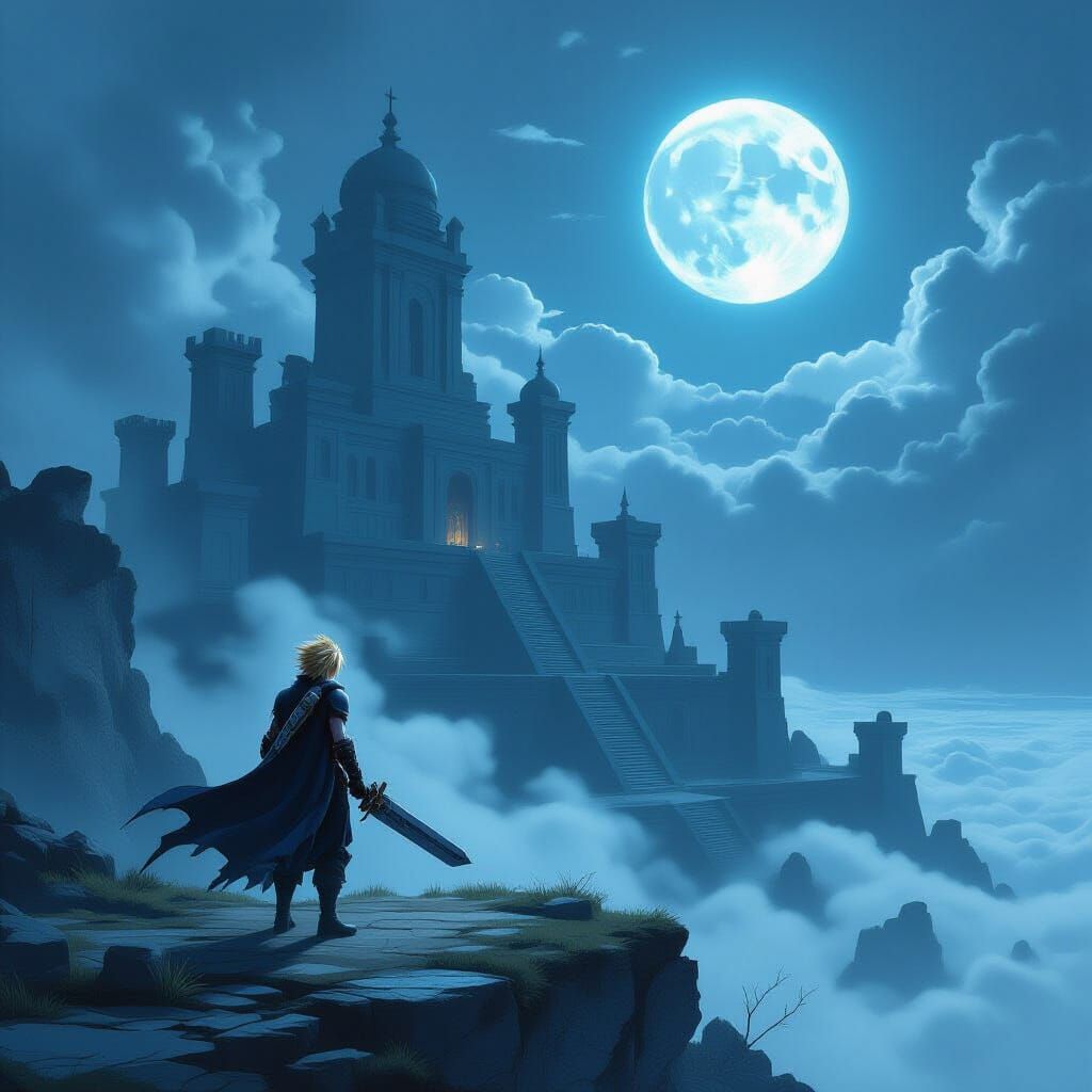 Anime-Inspired Figure Overlooks Ancient Ruins Under Twin Moo...