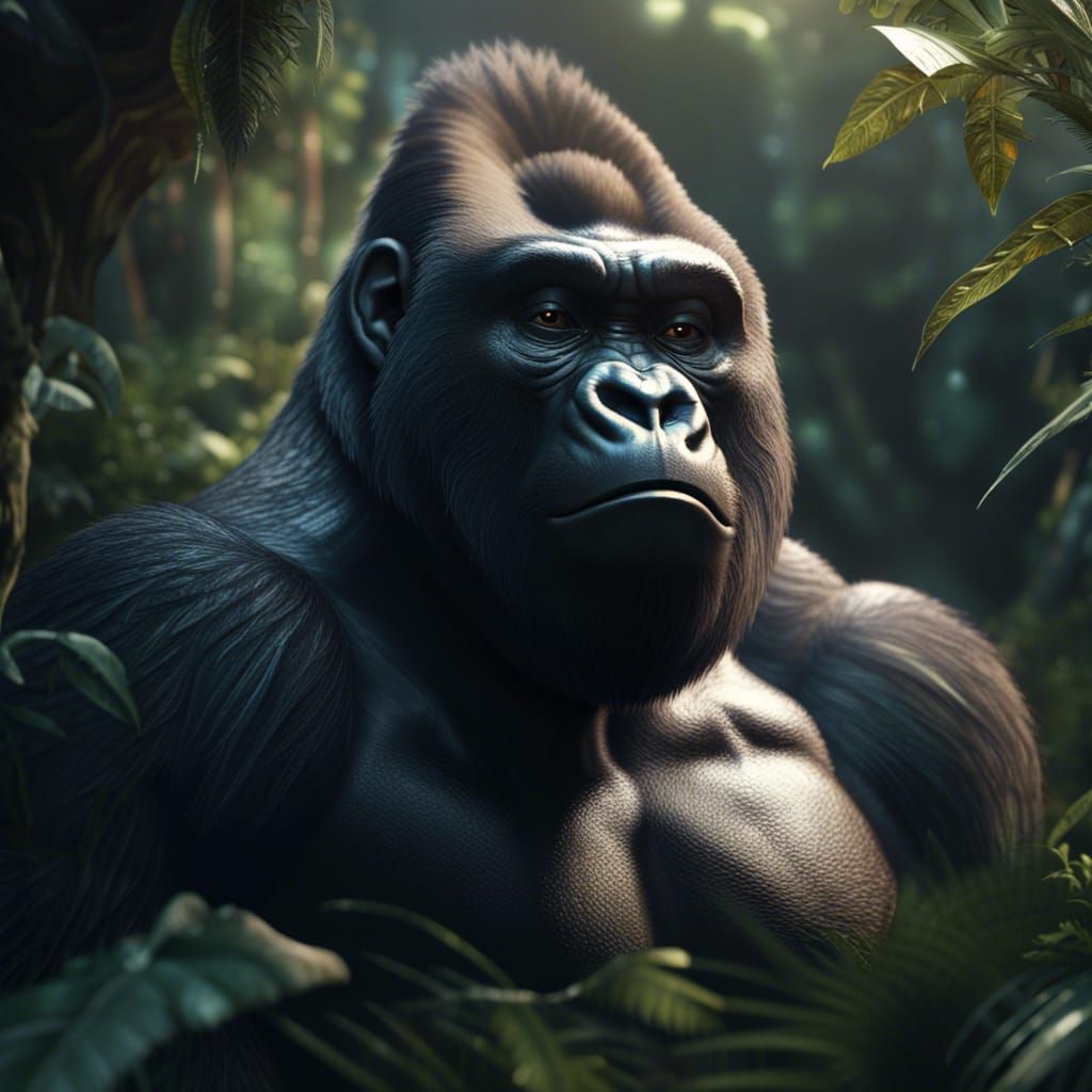 Hyperrealistic Gorilla in Jungle, Fantasy Concept Art