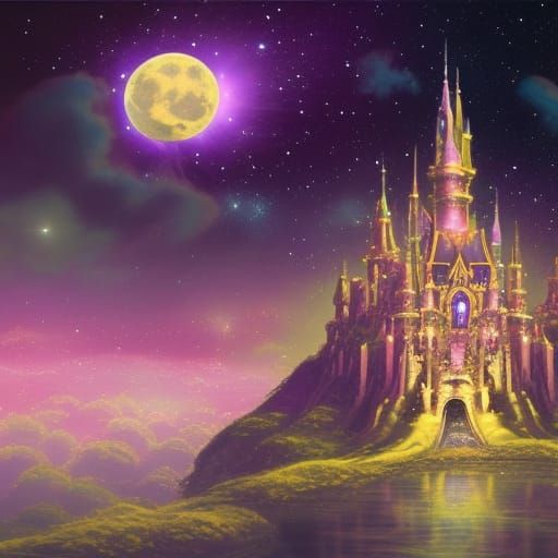 Iridescent Alien Castle in Cosmic Starry Night