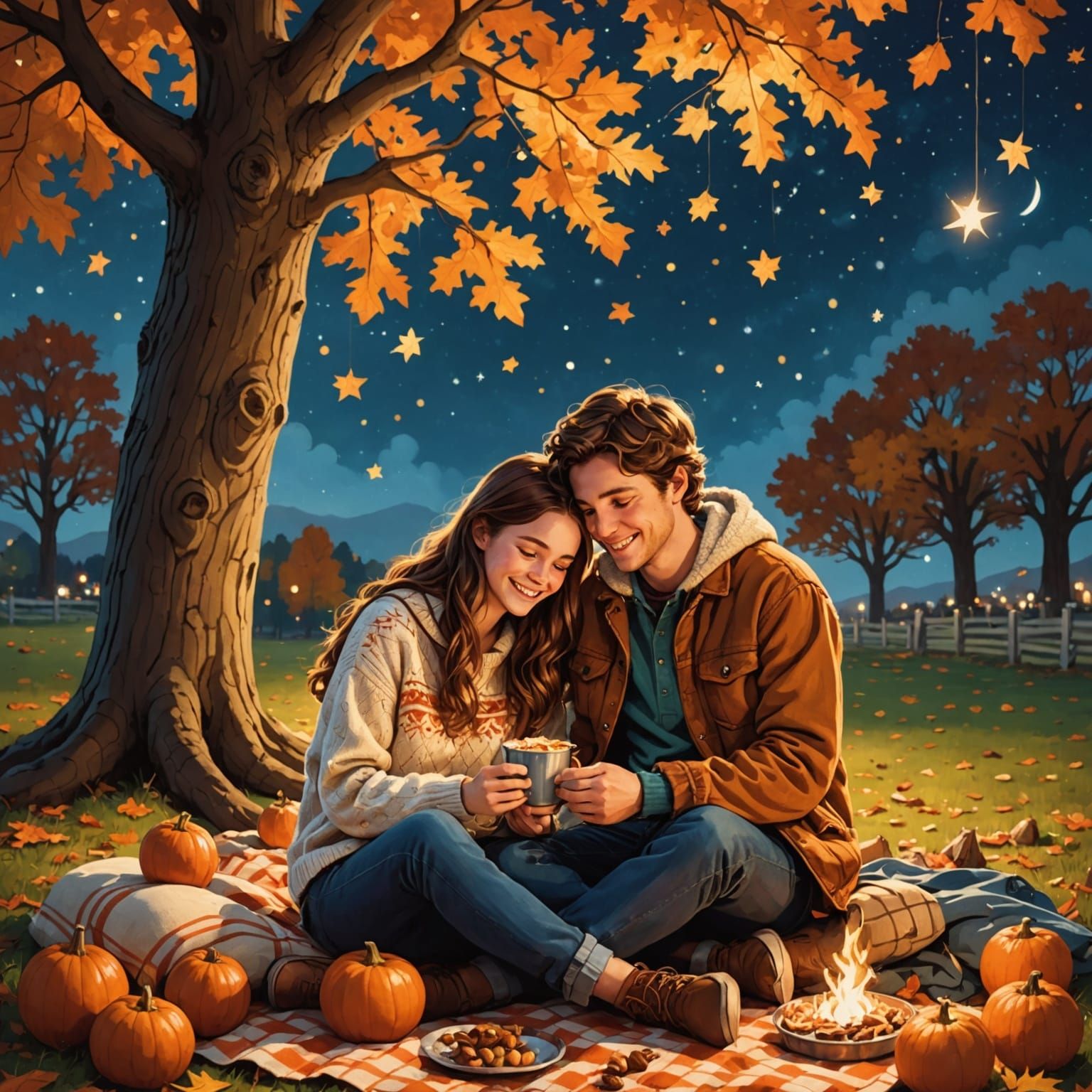 Cozy Autumn Night Picnic in Anime Style