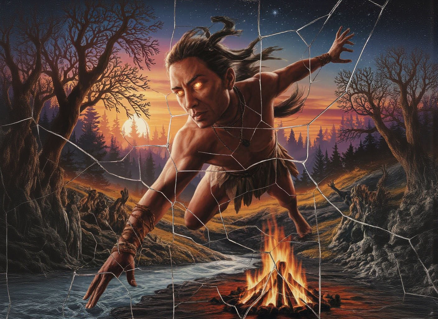 Epic Tribal Shaman in Prehistoric Forest at Dusk