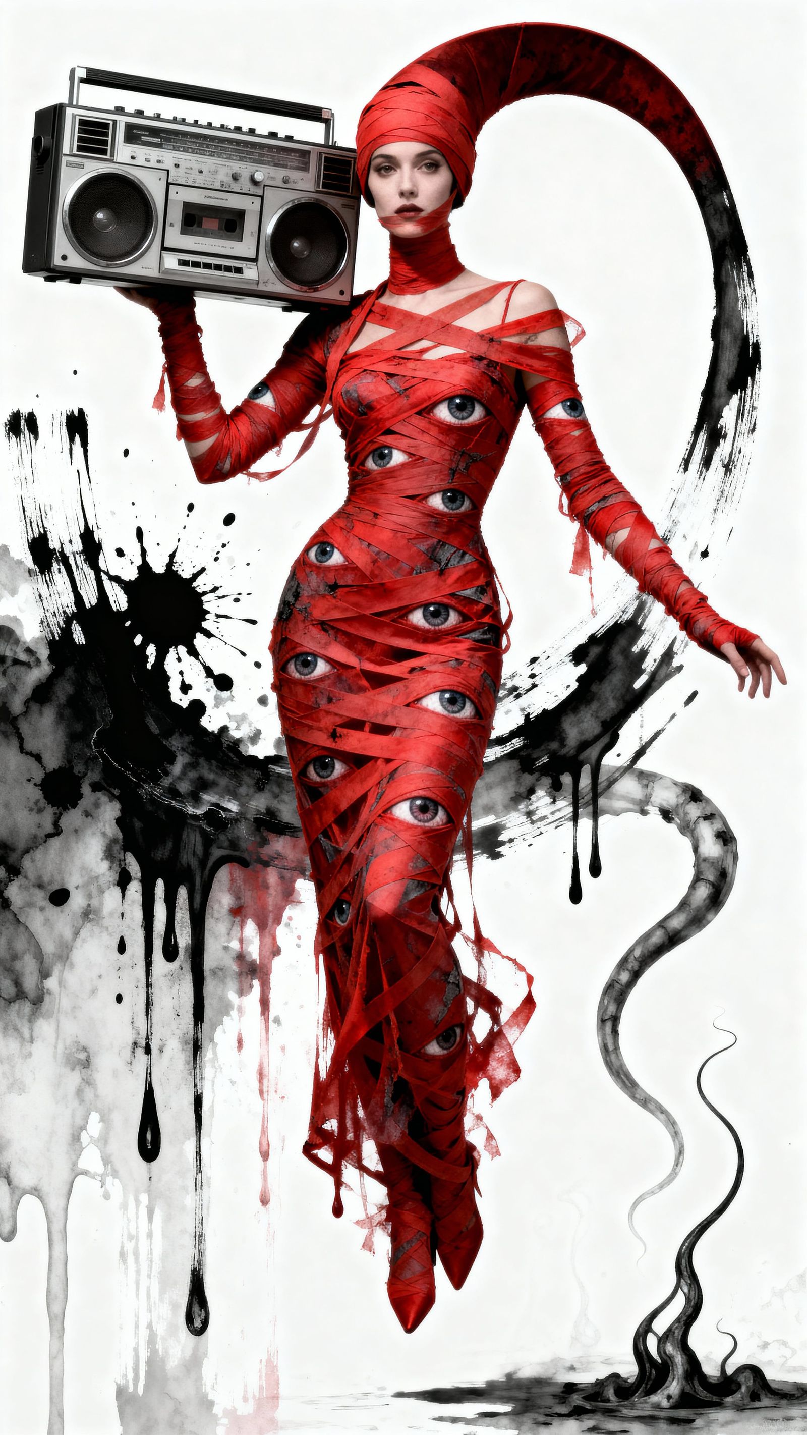 Crimson Bandage Woman in Art Deco Gown