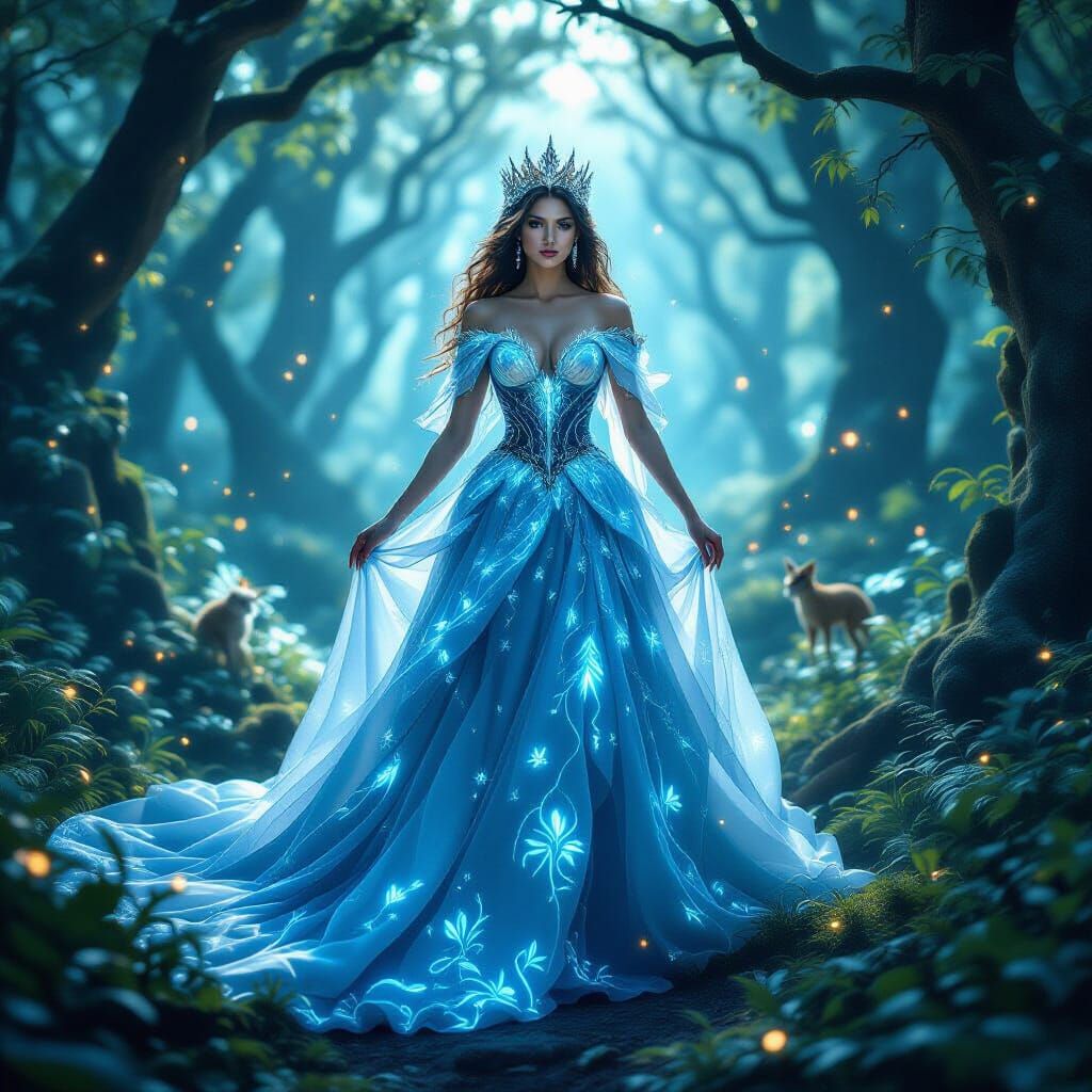 Regal Forest Queen in Bioluminescent Enchanted Woods