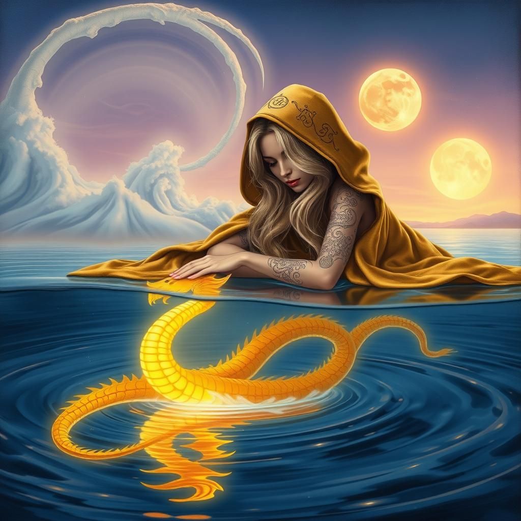 Mage Reflection as Golden Dragon in Dreamlike Scene