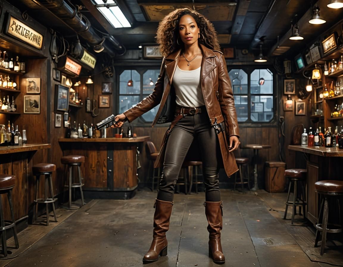 Gina Torres,  wearing a brown jeans, white t-shirt. Zoe