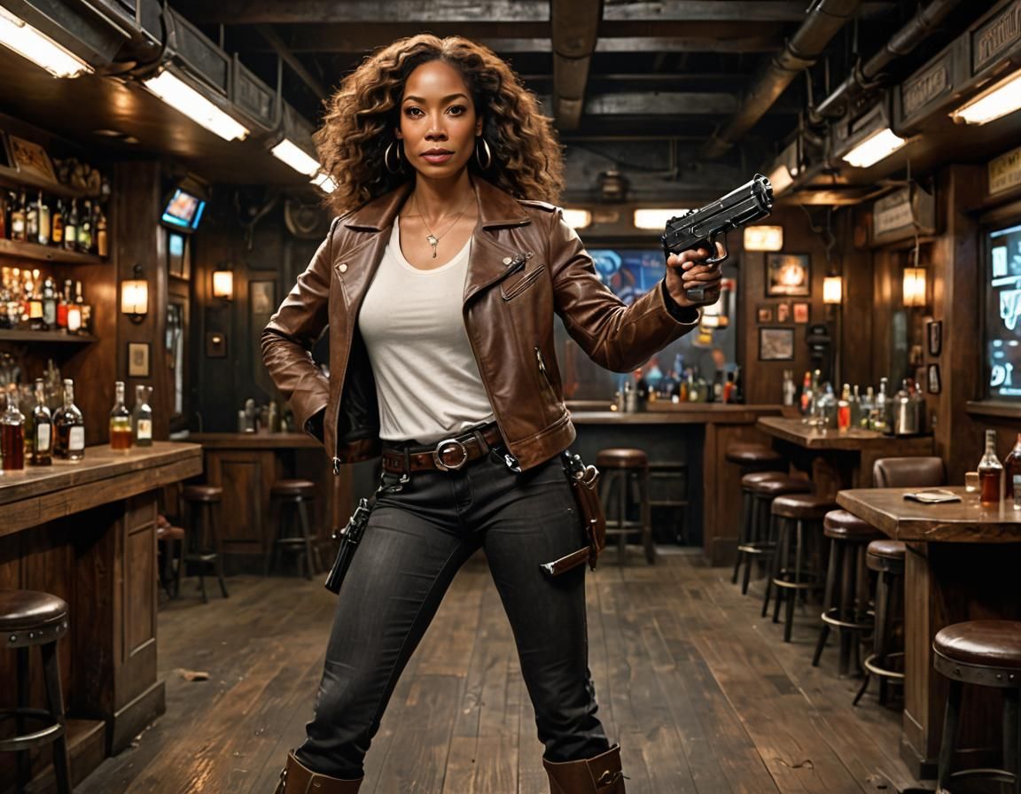 Gina Torres,  wearing a brown jeans, white t-shirt. Zoe