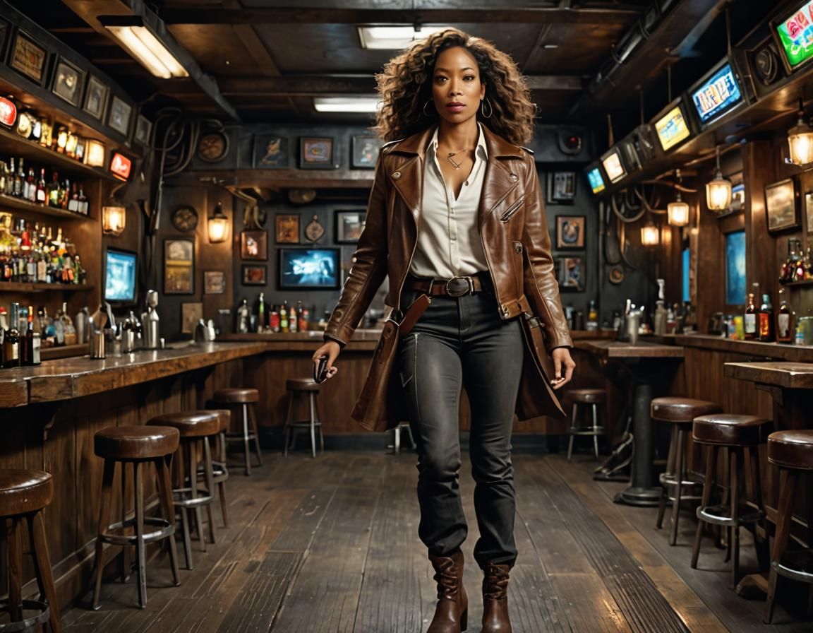 Gina Torres,  wearing a brown jeans, white t-shirt. Zoe