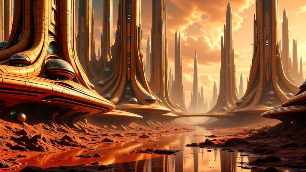 Futuristic Cityscape on Alien Planet in Art Deco Style