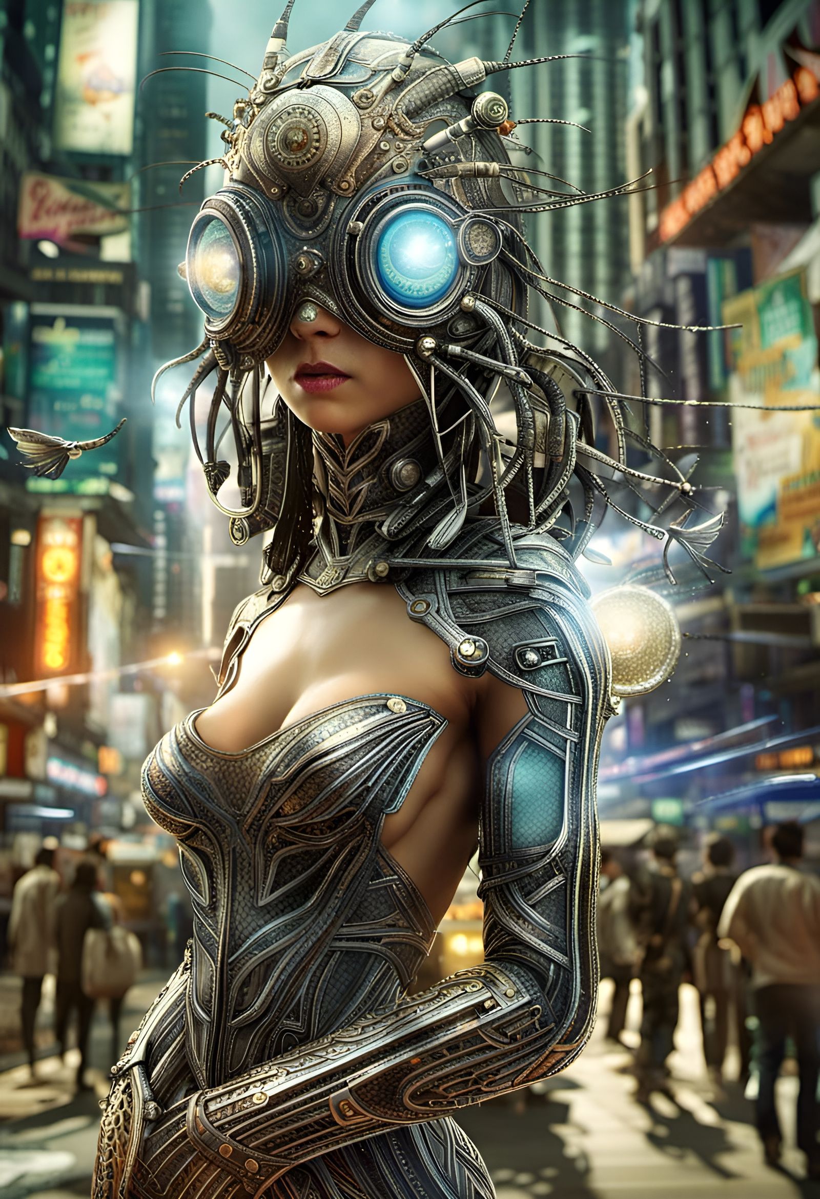 Futuristic Cityscape with Bizarre Creatures in Sunset Light